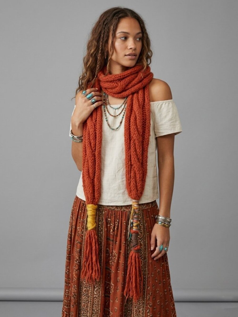 Rust Orange Ribbed Knit Long Scarf Fringe Tassels Yellow Contrast Wrap Boho